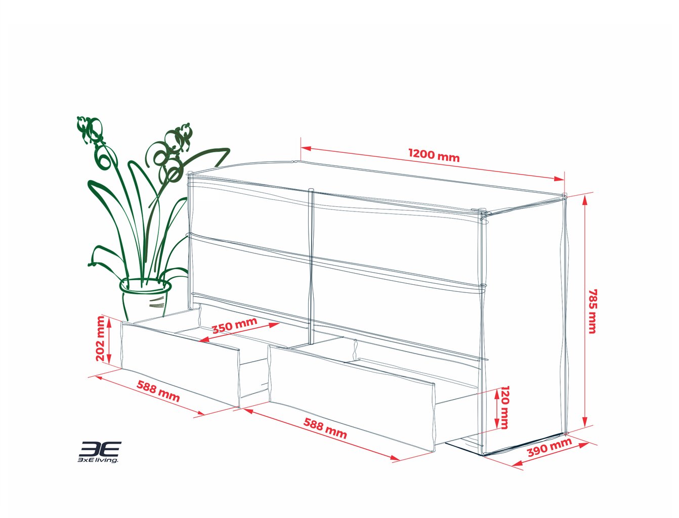 Komoda 3xEliving DEMI su 6 stalčiais, 120 cm, spalva: Juodas/juodas blizgesys цена и информация | Komodos | pigu.lt