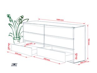 Komoda 3xEliving DEMI su 6 stalčiais, 140 cm, spalva: Balta kaina ir informacija | Komodos | pigu.lt