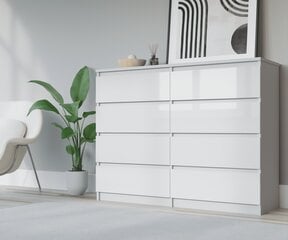Komoda 3xEliving DEMI su 8 stalčiais, 140 cm, spalva: Baltas/baltas blizgesys kaina ir informacija | Komodos | pigu.lt