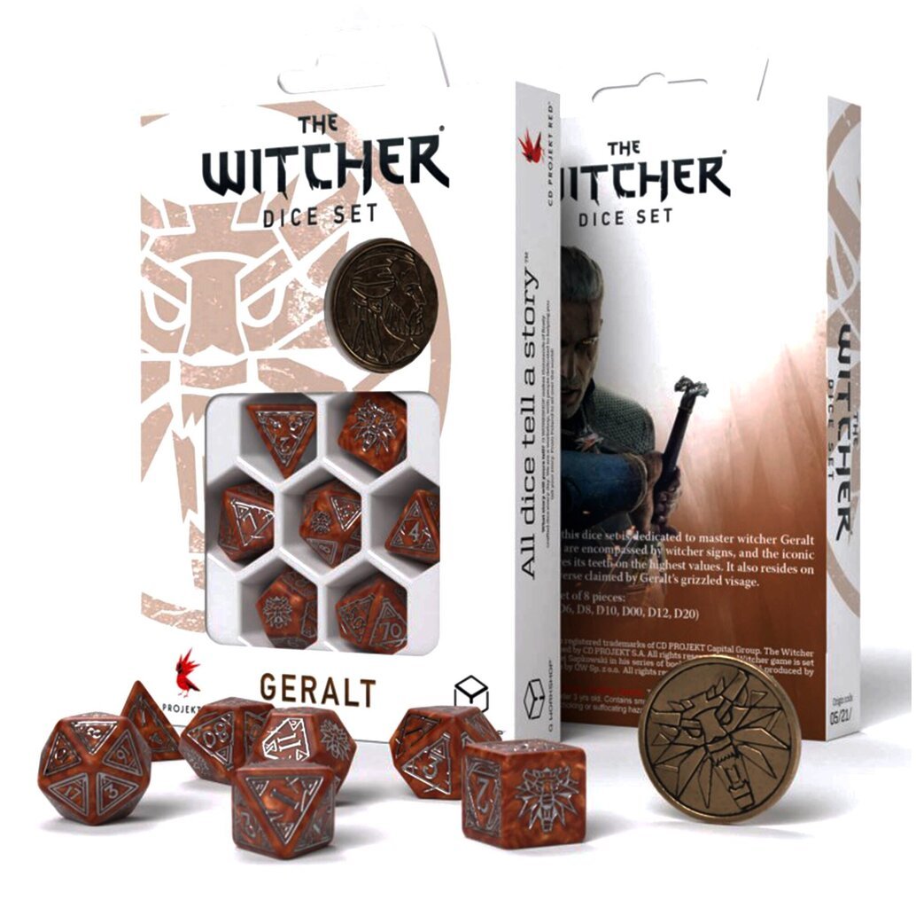 Kauliukų rinkinys The Witcher Geralt karamelinės ir sidabrinės spalvos kaina ir informacija | Stalo žaidimai, galvosūkiai | pigu.lt