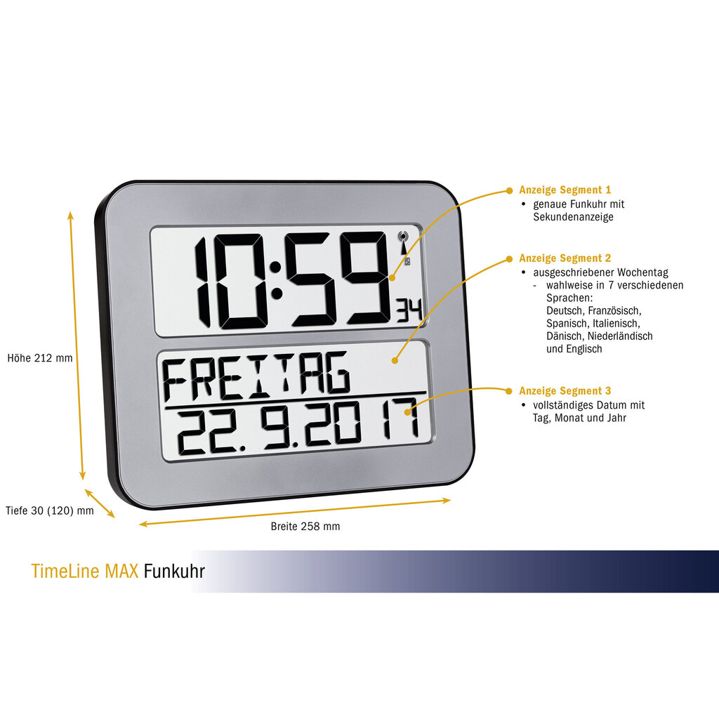 Skaitmeninis radijo laikrodis TFA TIMELINE MAX 60.4512, sidabrinis kaina ir informacija | Laikrodžiai | pigu.lt