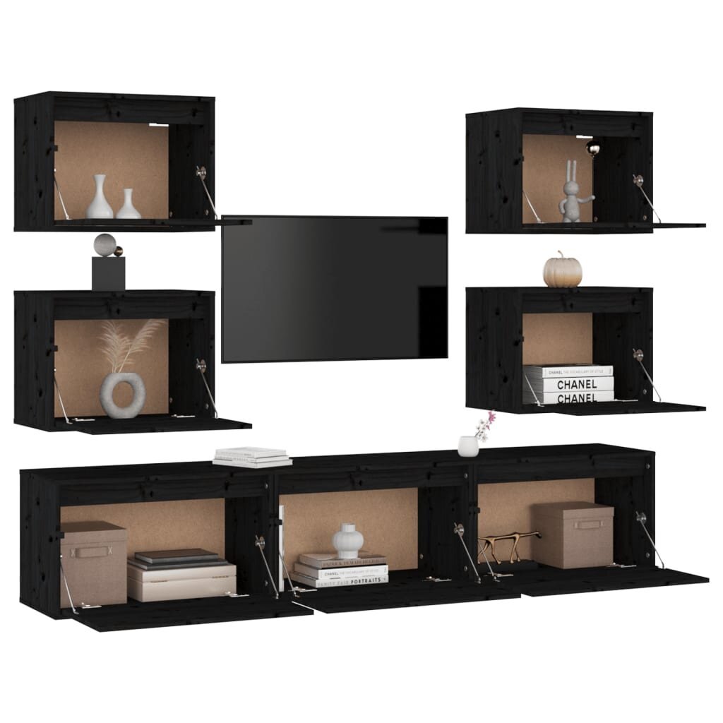 vidaXL Televizoriaus spintelės, 7vnt., juodos, pušies medienos masyvas kaina ir informacija | TV staliukai | pigu.lt
