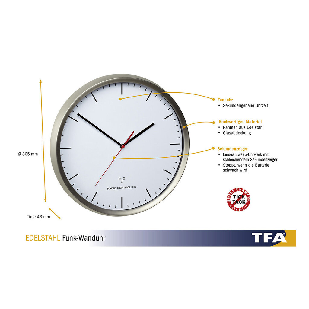 Belaidis sieninis laikrodis TFA su nerūdijančio plieno rėmu 60.3521 kaina ir informacija | Laikrodžiai | pigu.lt