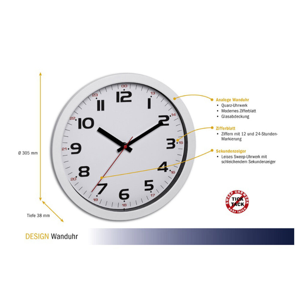 Sieninis laikrodis TFA 60.3050, baltas kaina ir informacija | Laikrodžiai | pigu.lt