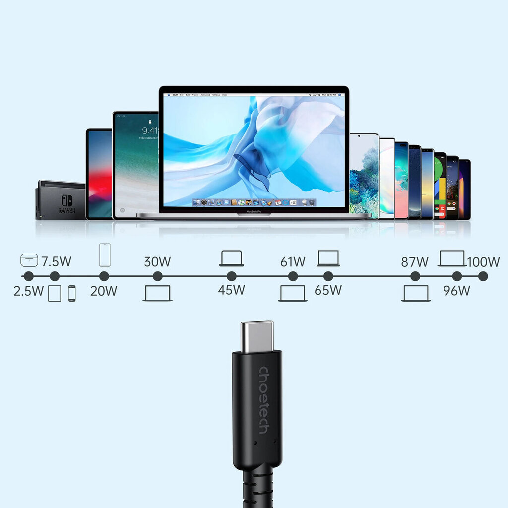 Kabelis Choetech USB4, USB-C - USB-C, 40Gbps, 100W, 20V/ 5A, 8K/ 60HZ, 0.8m kaina ir informacija | Laidai telefonams | pigu.lt