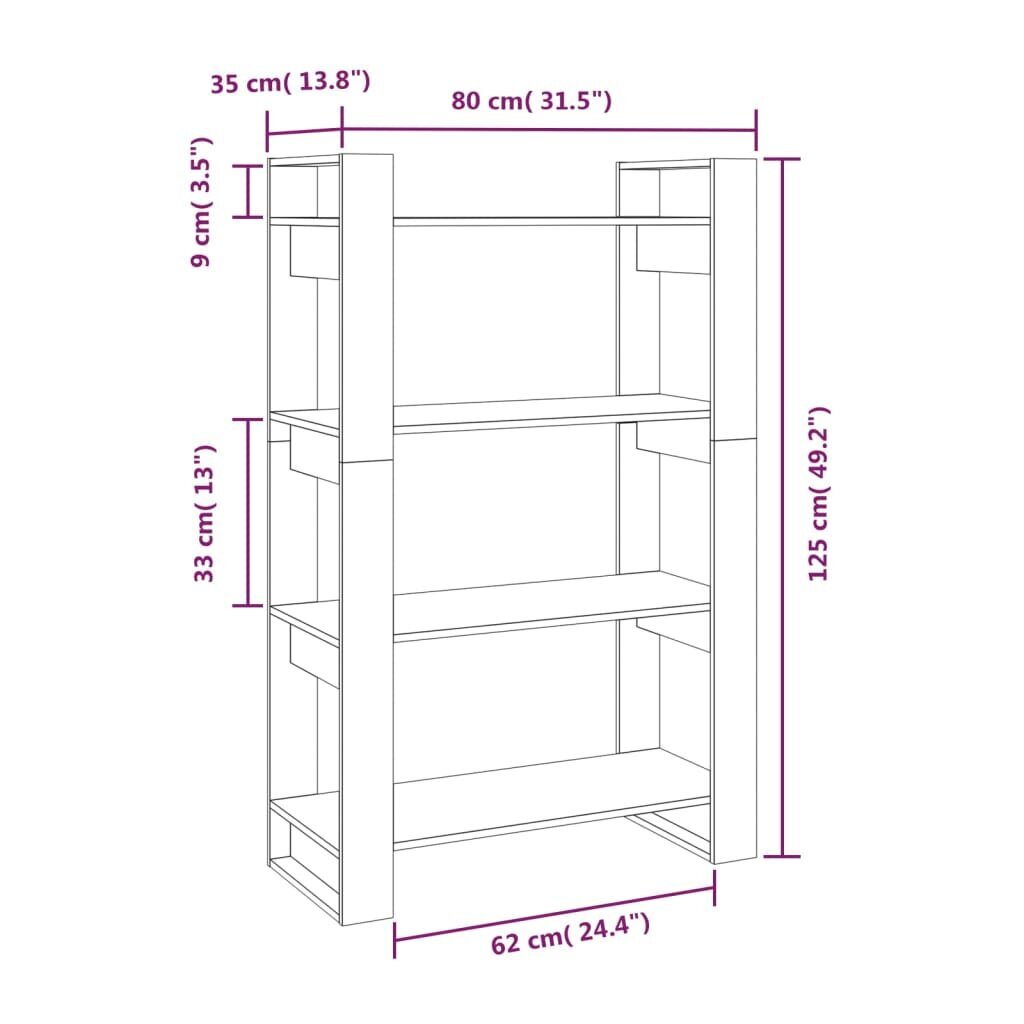 vidaXL Spintelė knygoms/kambario pertvara, 80x35x125cm, pušis kaina ir informacija | Lentynos | pigu.lt