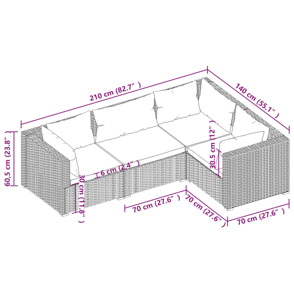 vidaXL Sodo komplektas su pagalvėlėmis, 4 dalių, juodas, poliratanas цена и информация | Lauko baldų komplektai | pigu.lt