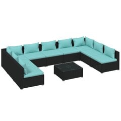 vidaXL Sodo komplektas su pagalvėlėmis, 10 dalių, juodas, poliratanas kaina ir informacija | Lauko baldų komplektai | pigu.lt
