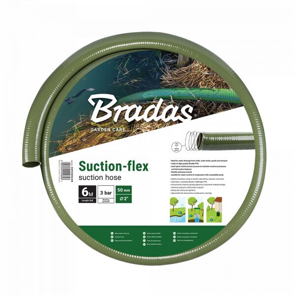 Žarna Bradas Suction-Flex su plienine spirale, 50 mm, 6 m, žalia kaina ir informacija | Laistymo įranga, purkštuvai | pigu.lt