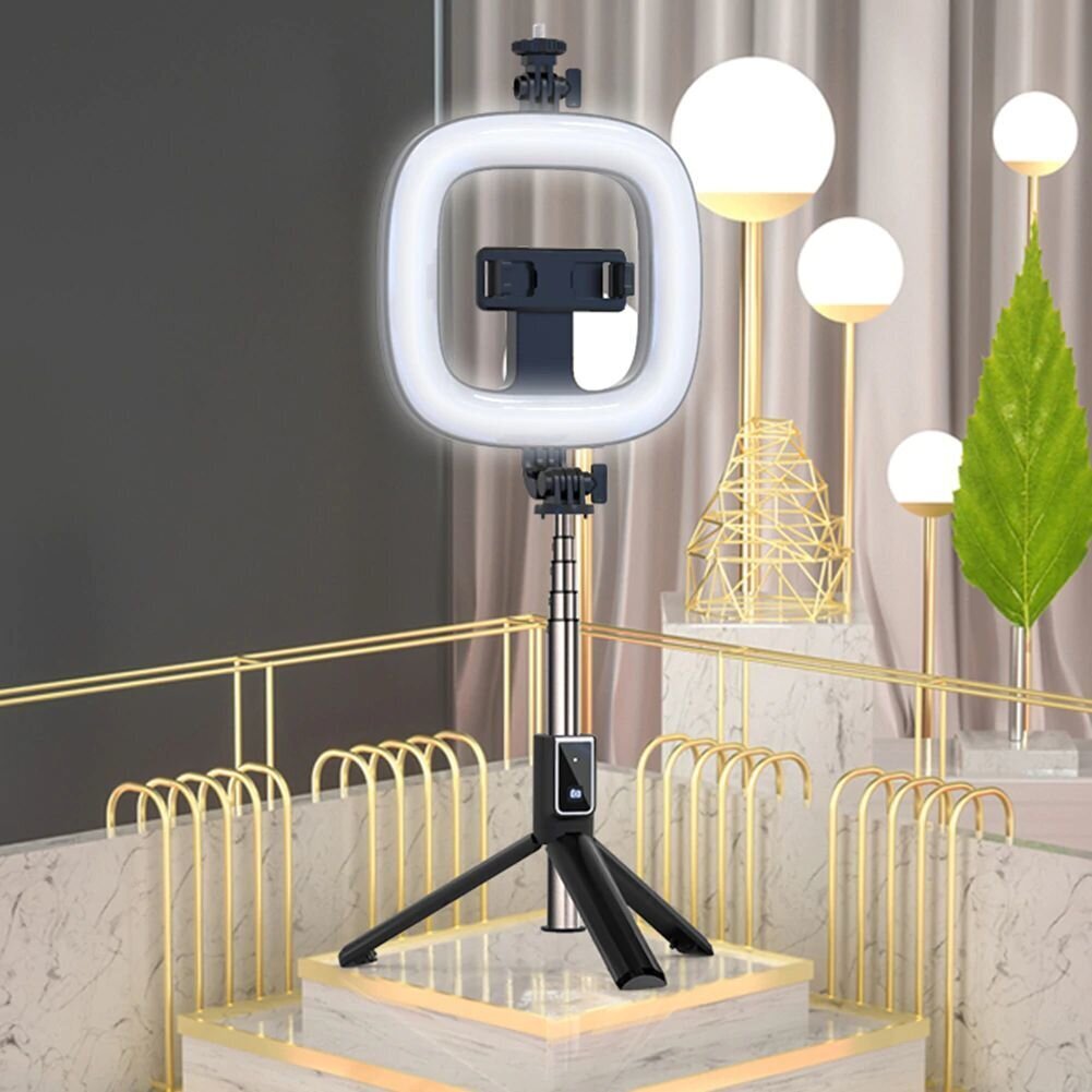 Žiedinė LED asmenukių Selfie lempa su "Bluetooth" nuotolinio valdymo pulteliu P40D-1 kvadratinė, juoda цена и информация | Fotografijos apšvietimo įranga | pigu.lt