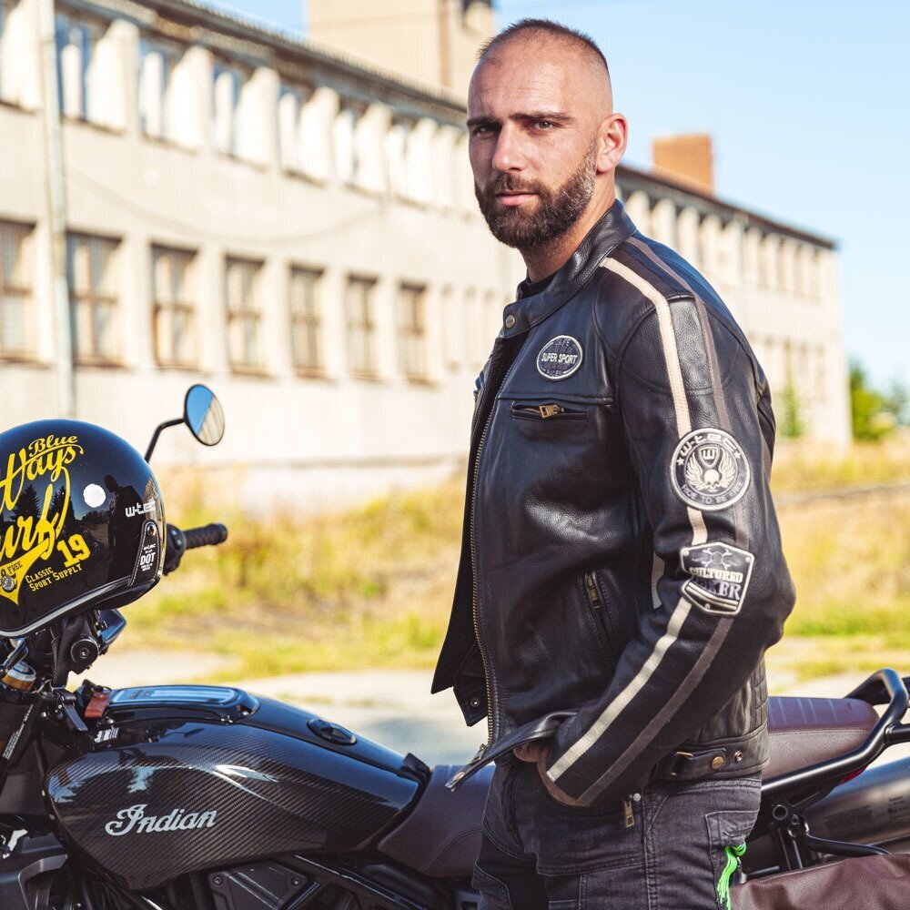 Vyriška odinė striukė W-TEC Makso - Black with Patches 5XL kaina ir informacija | Moto striukės | pigu.lt