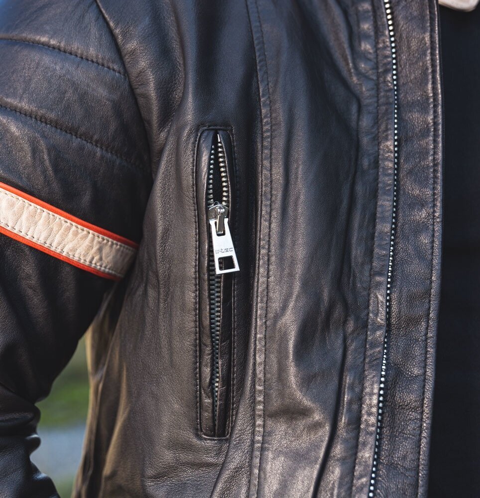 Vyriška odinė striukė W-TEC Hellsto - Black with Beige and Orange Stripe XL kaina ir informacija | Moto striukės | pigu.lt