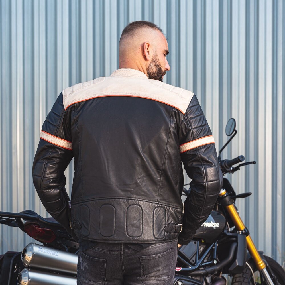 Vyriška odinė striukė W-TEC Hellsto - Black with Beige and Orange Stripe XXL kaina ir informacija | Moto striukės | pigu.lt