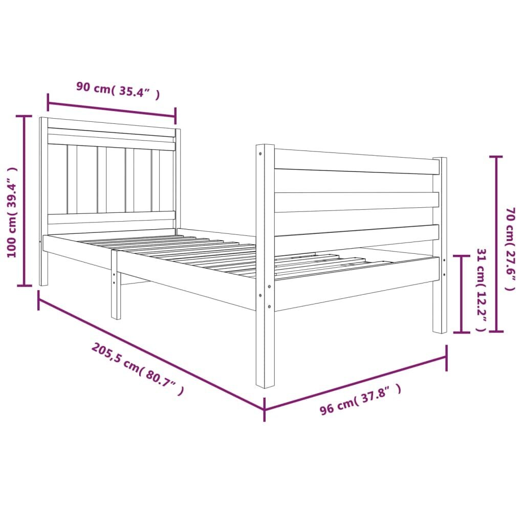 vidaXL Lovos rėmas, baltos spalvos, 90x200cm, medienos masyvas kaina ir informacija | Lovos | pigu.lt