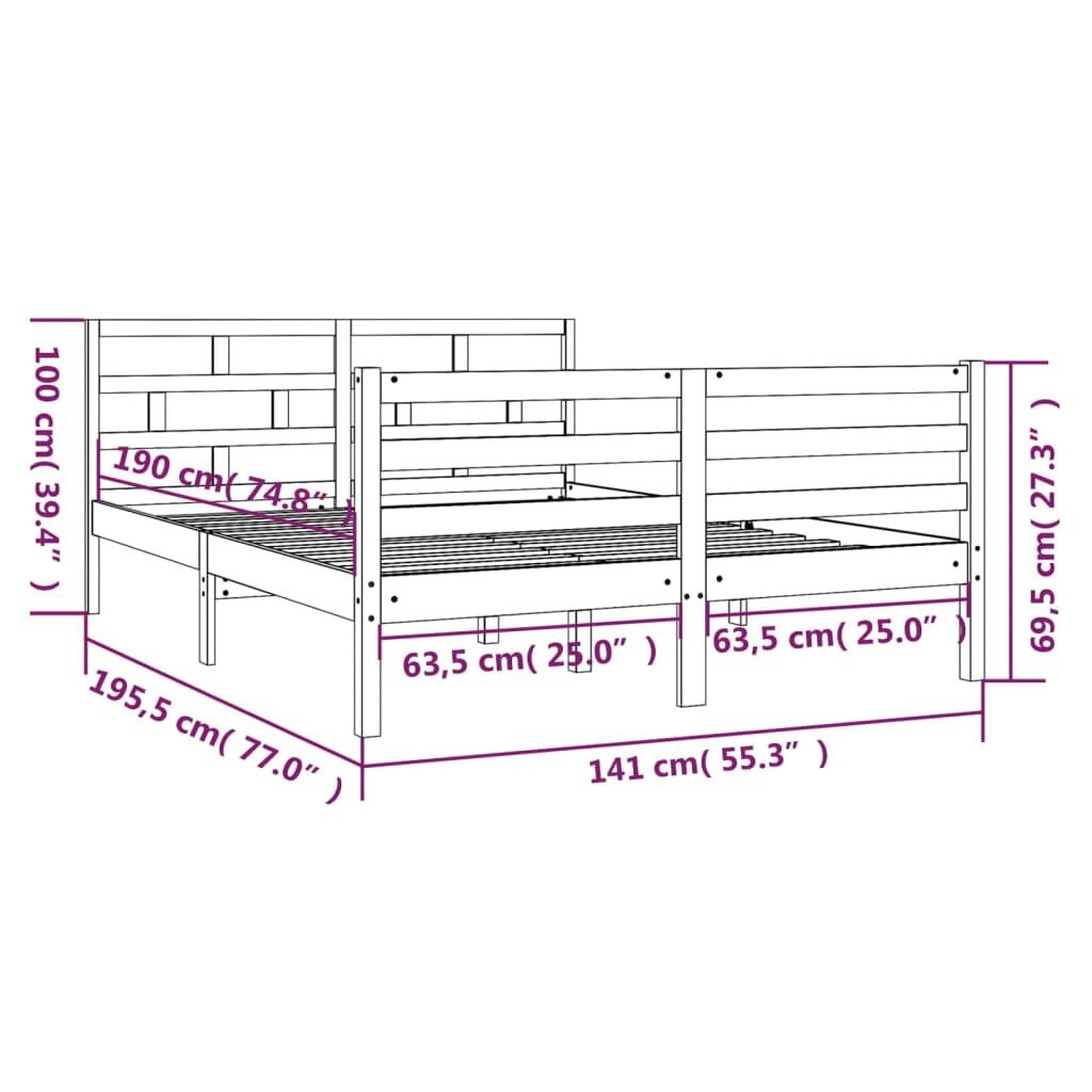 vidaXL Lovos rėmas, baltas, 135x190cm, medienos masyvas, dvivietis kaina ir informacija | Lovos | pigu.lt