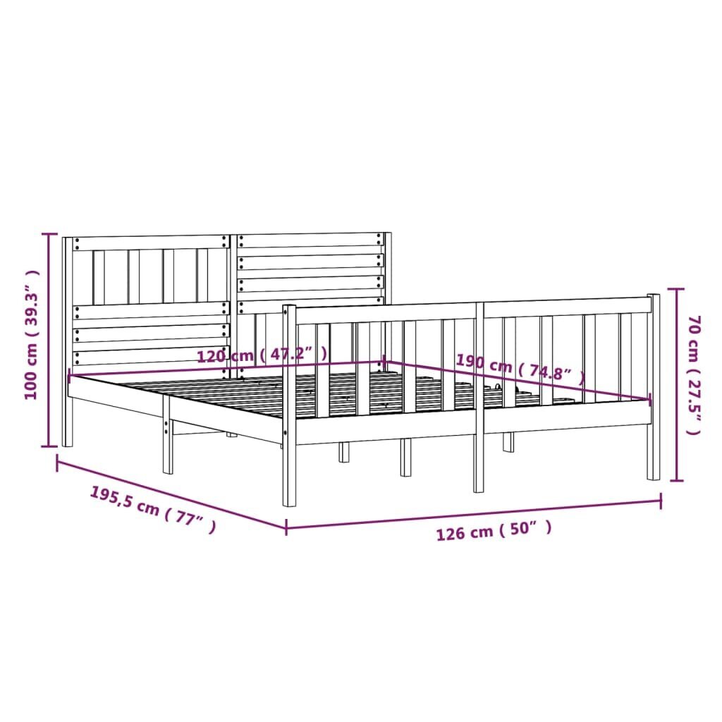 vidaXL Lovos rėmas, baltas, 120x190cm, medienos masyvas, dvivietis kaina ir informacija | Lovos | pigu.lt
