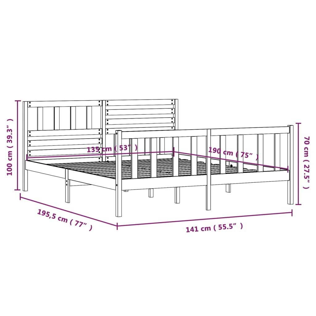 vidaXL Lovos rėmas, juodas, 135x190cm, medienos masyvas, dvivietis kaina ir informacija | Lovos | pigu.lt
