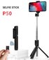 „Selfie Stick MINI“ – su nuimamu „Bluetooth“ nuotolinio valdymo pulteliu ir trikoju – P50, balta цена и информация | Asmenukių lazdos (selfie sticks) | pigu.lt