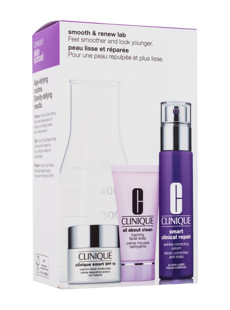 Veido odos priežiūros rinkinys Clinique Smooth & Renew: Smart Clinical Repair raukšles koreguojantis serumas, 30 ml + Smart Custom-Repair veido kremas SPF15, 15 ml + Putojantis veido muilas, 30 ml цена и информация | Veido aliejai, serumai | pigu.lt