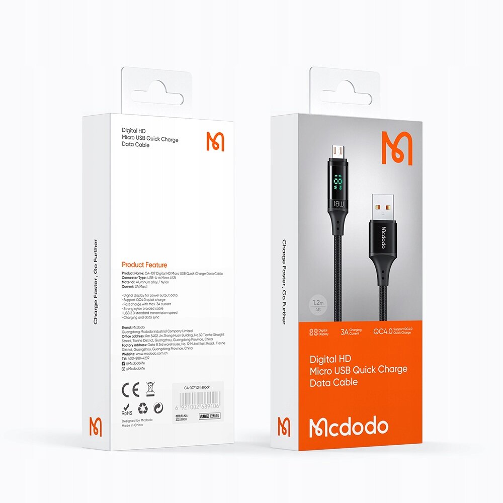 MCDODO DIGITAL PRO QC 4.0 MICRO USB 18W 1.2M TELEFONO KABELIS CA-1070 kaina ir informacija | Kabeliai ir laidai | pigu.lt