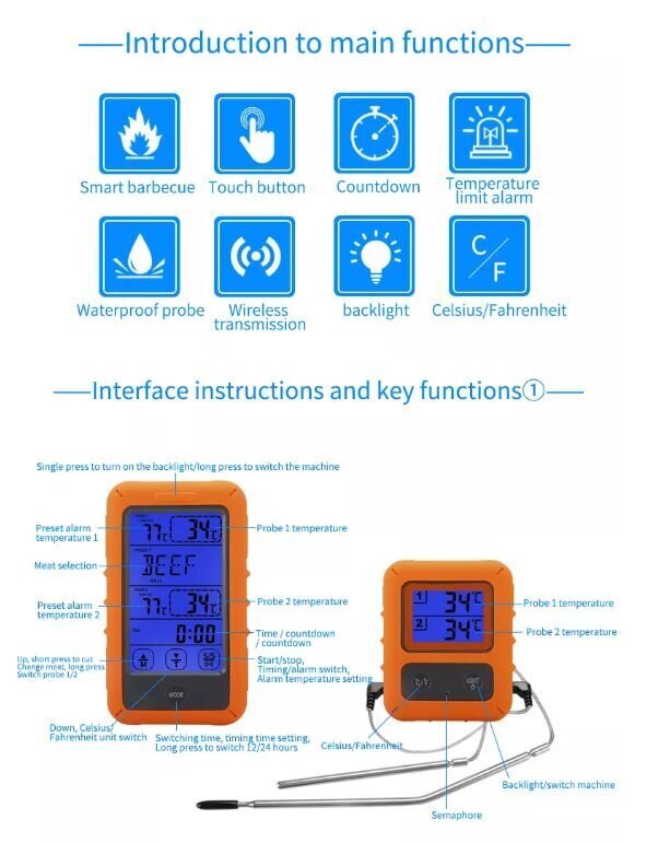 Bevielis nuotolinis skaitmeninis maisto/mėsos termometras su 2 zondais kaina ir informacija | Grilio, šašlykinių priedai ir aksesuarai  | pigu.lt