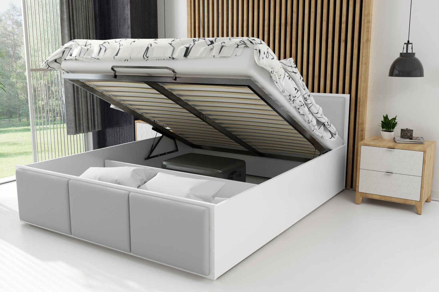Eko odinė lova BMS633 Balta/Šviesiai pilka kaina ir informacija | Lovos | pigu.lt