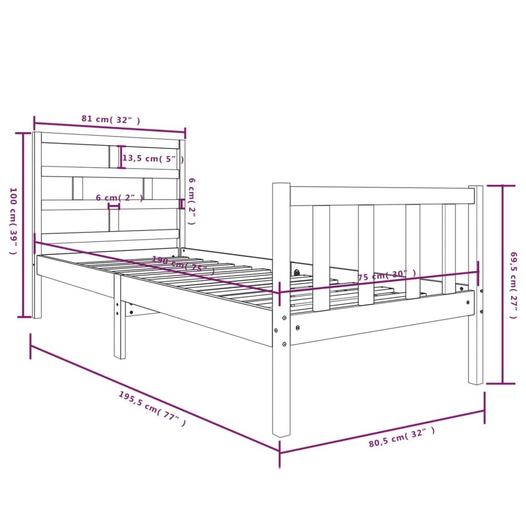 vidaXL Lovos rėmas, 75x190cm, pušies medienos masyvas, vienvietis kaina ir informacija | Lovos | pigu.lt