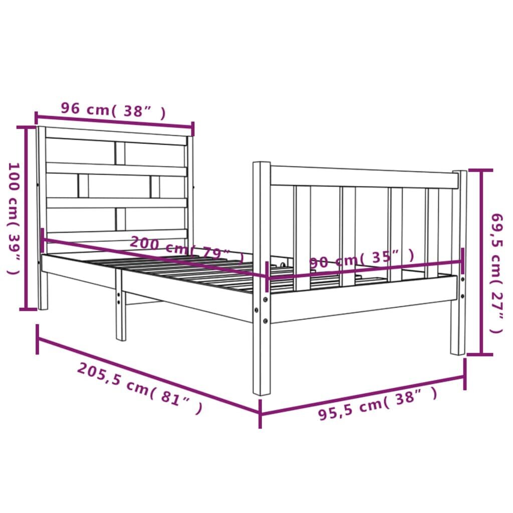 vidaXL Lovos rėmas, baltos spalvos, 90x200cm, pušies masyvas kaina ir informacija | Lovos | pigu.lt