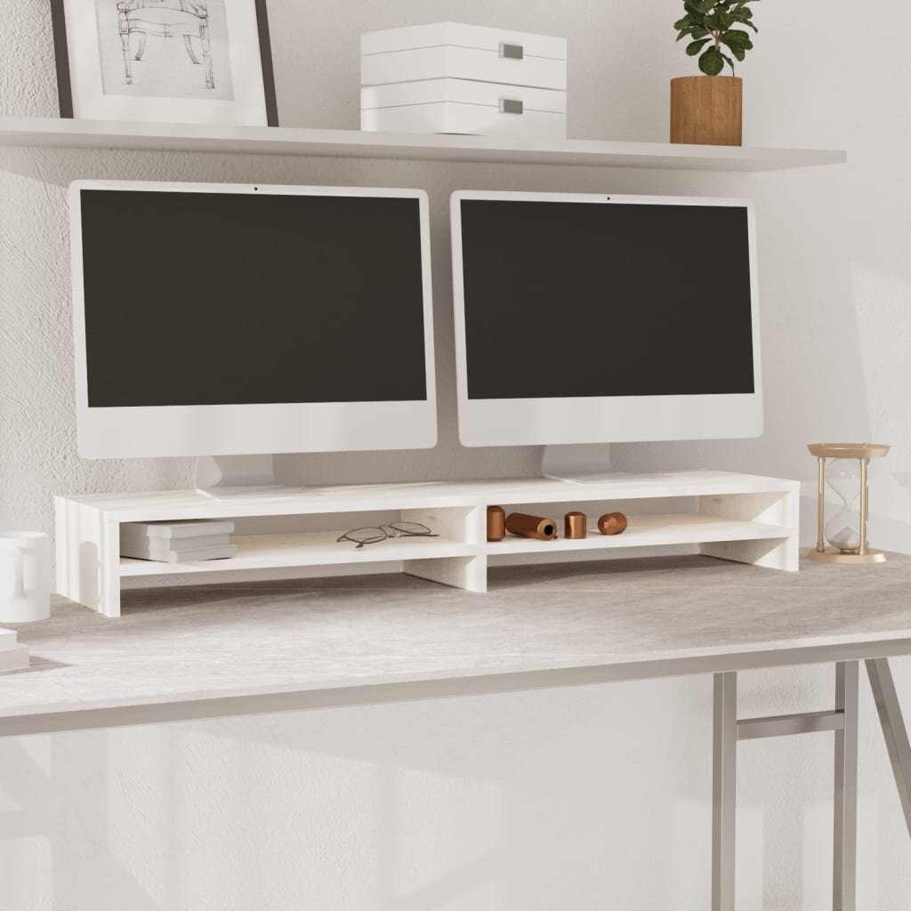 Monitoriaus stovas, baltas, 100x24x13cm, pušies masyvas kaina ir informacija | TV staliukai | pigu.lt
