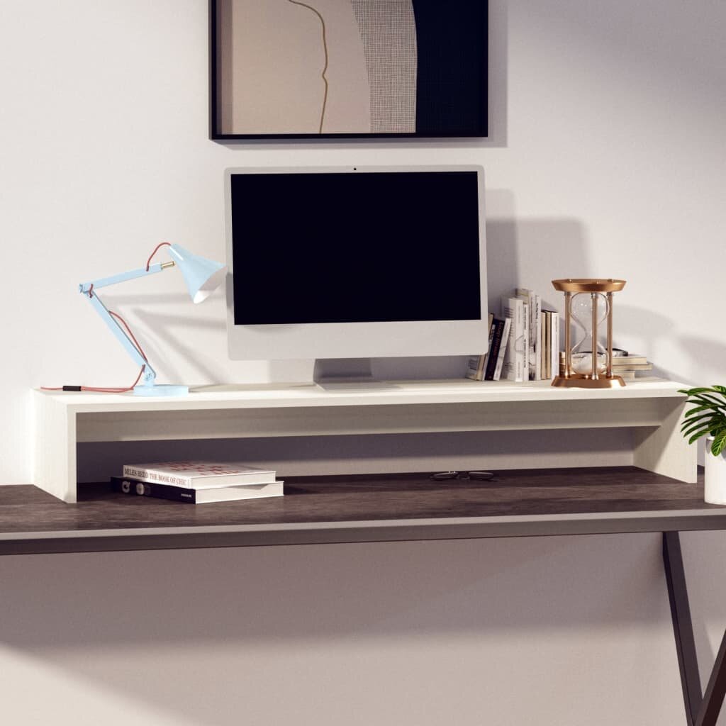 Monitoriaus stovas, baltas, 100x27x15cm, pušies masyvas kaina ir informacija | TV staliukai | pigu.lt