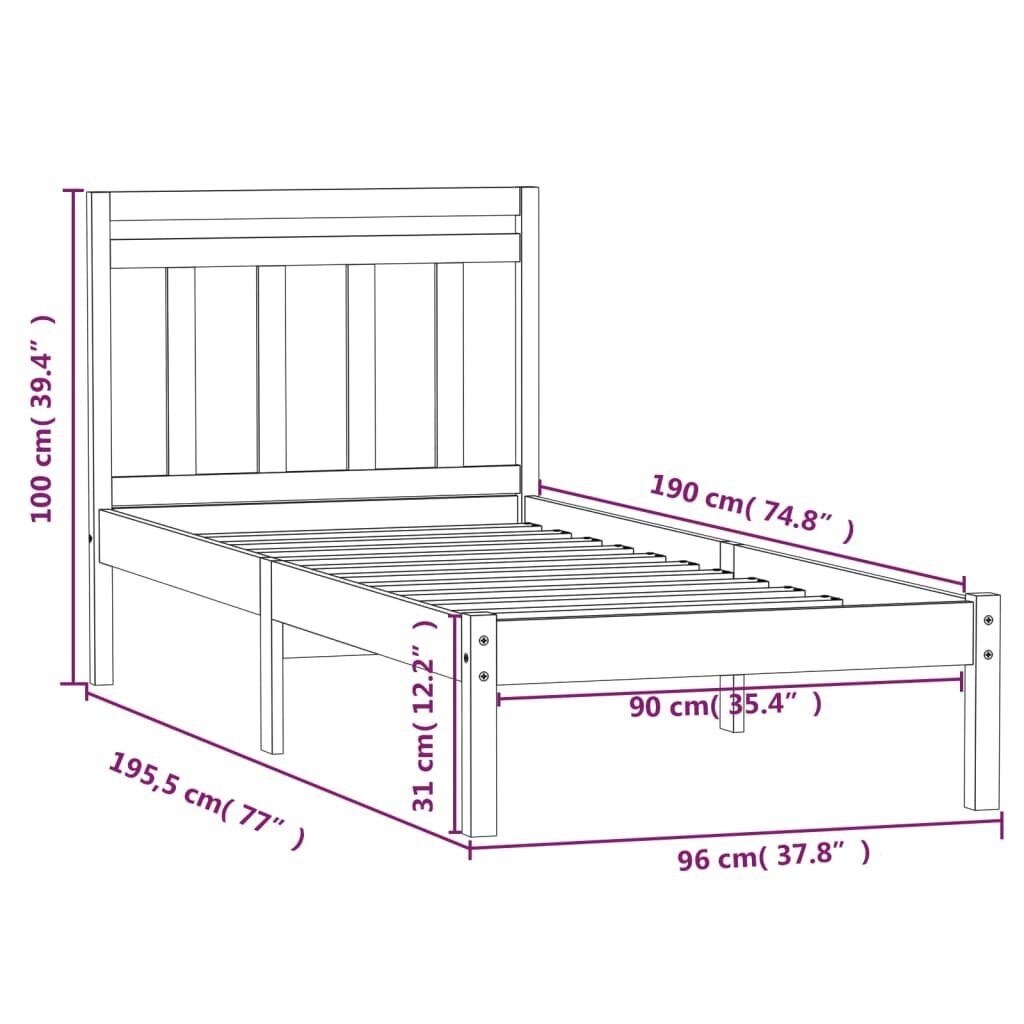 vidaXL Lovos rėmas, juodas, 90x190cm, medienos masyvas, vienvietis kaina ir informacija | Lovos | pigu.lt