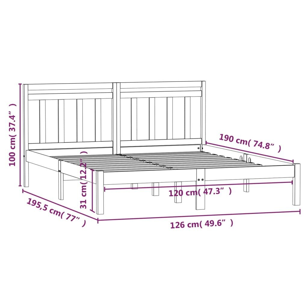 vidaXL Lovos rėmas, baltas, 120x190cm, medienos masyvas, dvivietis kaina ir informacija | Lovos | pigu.lt