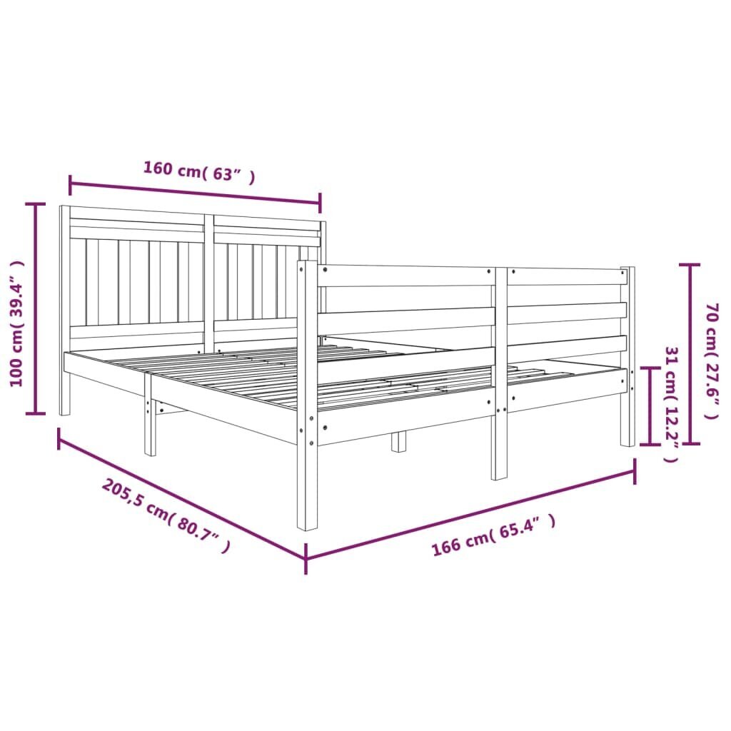 vidaXL Lovos rėmas, baltas, 160x200cm, medienos masyvas kaina ir informacija | Lovos | pigu.lt