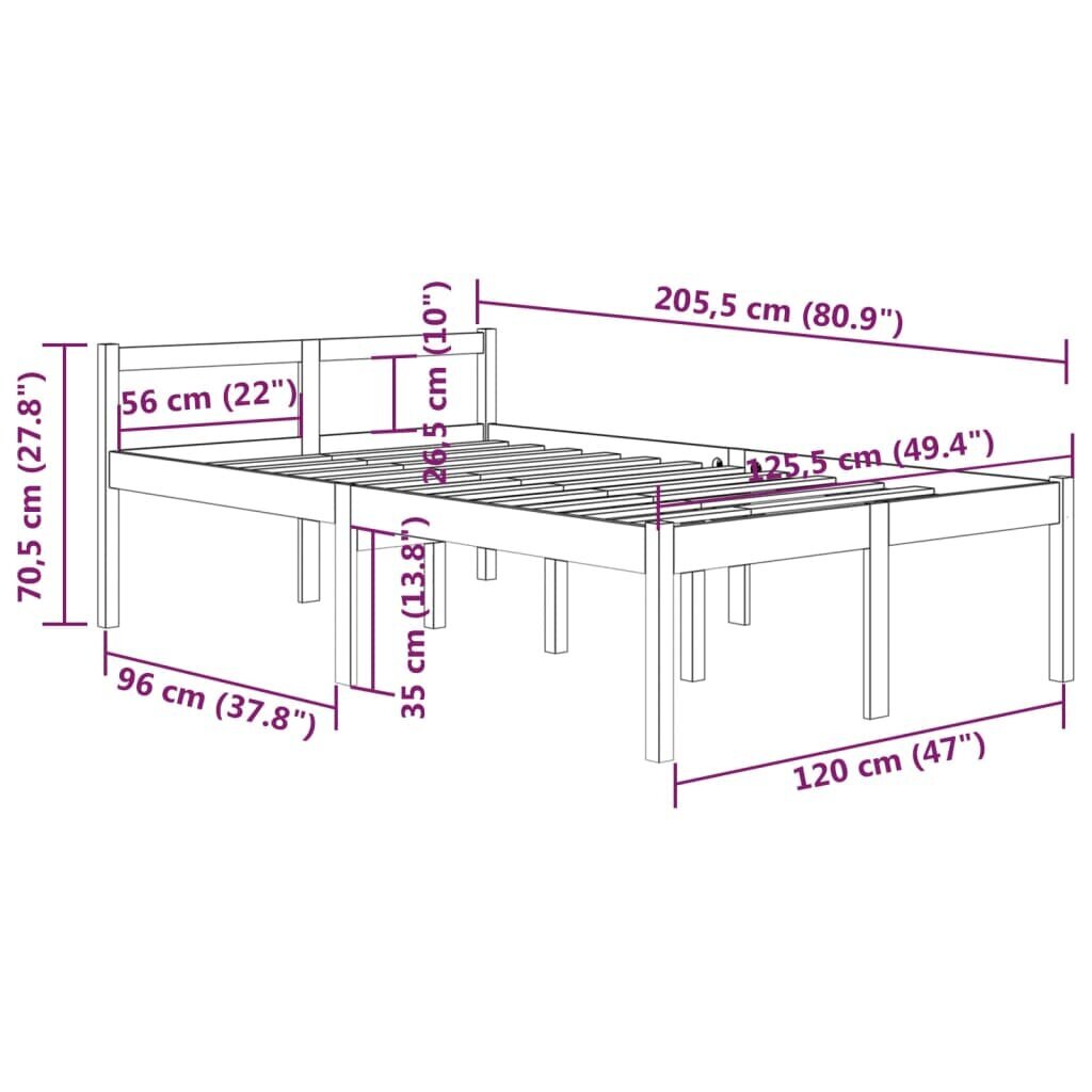 vidaXL Lovos rėmas, pilkos spalvos, 120x200cm, pušies medienos masyvas kaina ir informacija | Lovos | pigu.lt