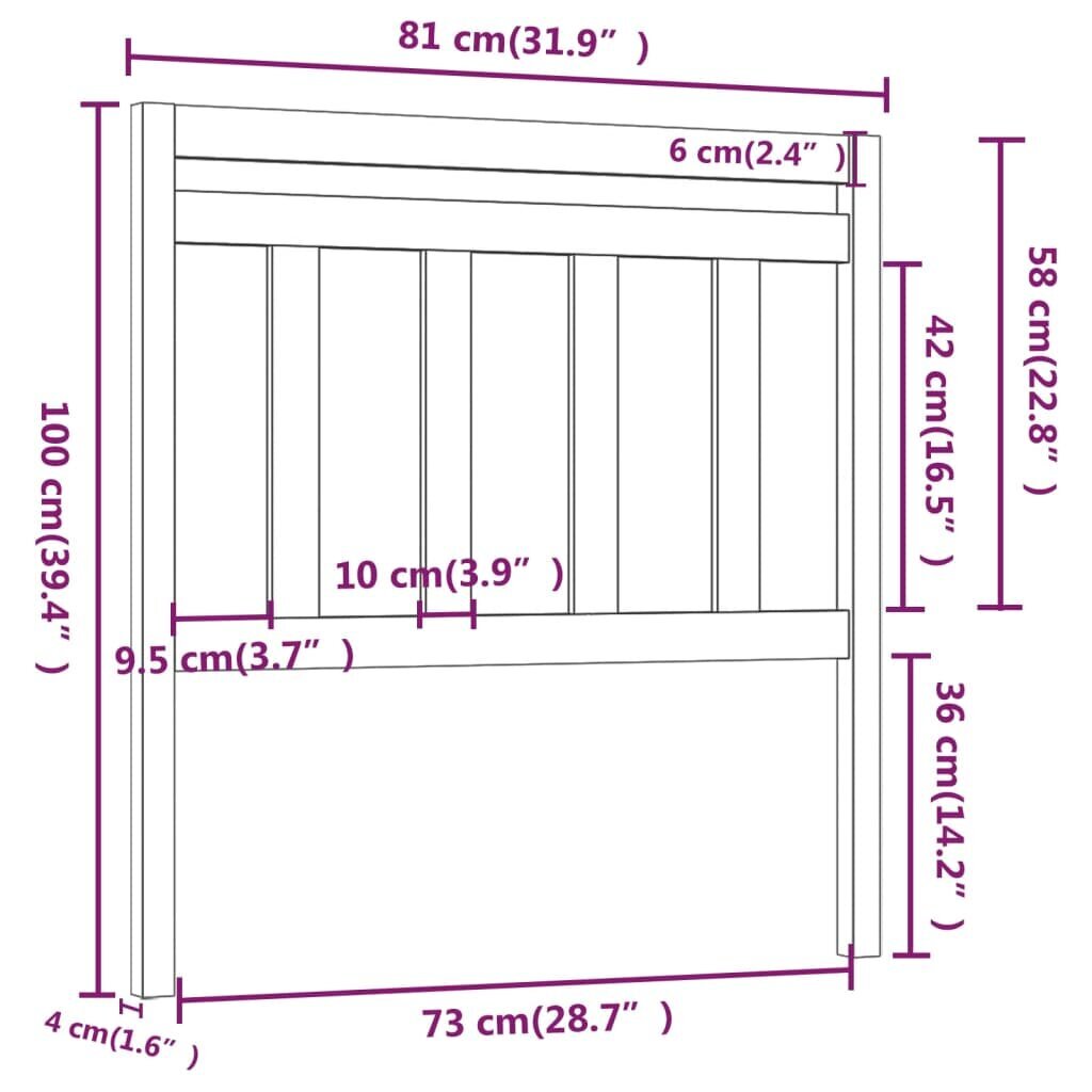 vidaXL Lovos galvūgalis, pilkas, 81x4x100cm, pušies medienos masyvas kaina ir informacija | Lovos | pigu.lt