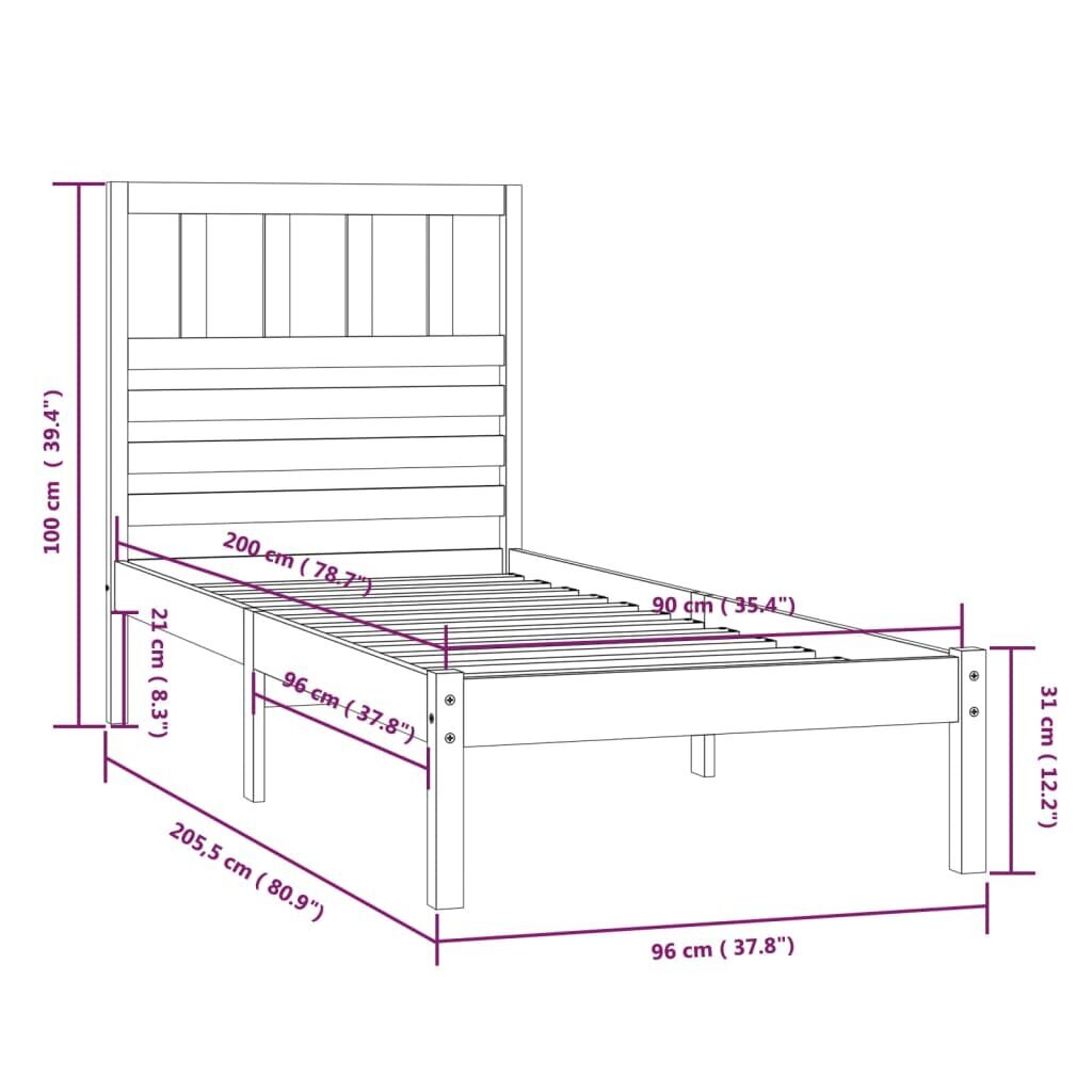 vidaXL Lovos rėmas, pilkos spalvos, 90x200cm, pušies medienos masyvas kaina ir informacija | Lovos | pigu.lt