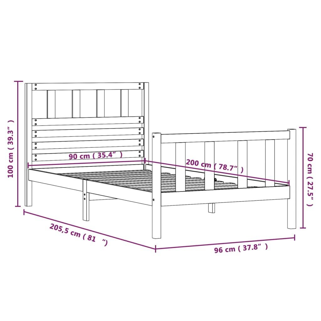 vidaXL Lovos rėmas, baltos spalvos, 90x200cm, medienos masyvas kaina ir informacija | Lovos | pigu.lt