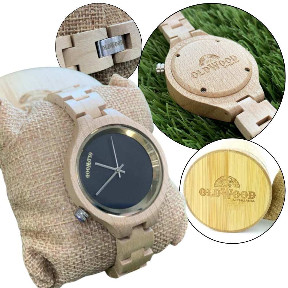 Moteriškas medinis laikrodis OldWood, Šviesaus medžio spalvos цена и информация | Moteriški laikrodžiai | pigu.lt