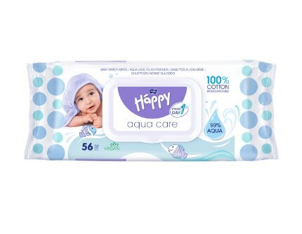 Drėgnos servetėlės ​​Happy Aqua Care kūdikiams, 56 vnt kaina ir informacija | Vatos gaminiai, drėgnos servetėlės | pigu.lt