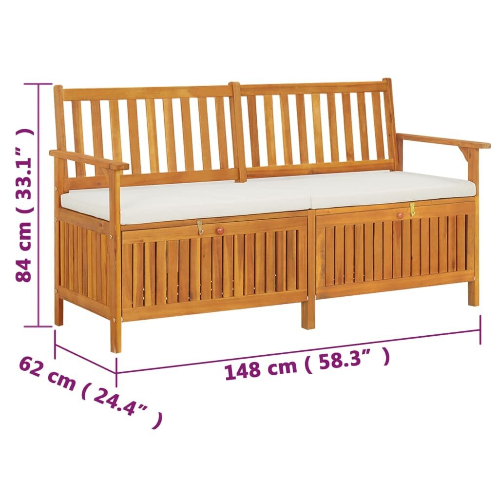 vidaXL Suoliukas-daiktadėžė su palvėle, 148cm, akacijos mediena kaina ir informacija | Lauko suolai | pigu.lt