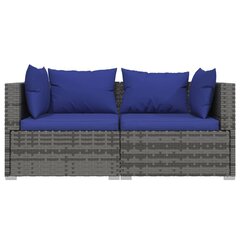 vidaXL Dvivietė sofa su pagalvėlėmis, pilkos spalvos, poliratanas kaina ir informacija | Lauko kėdės, foteliai, pufai | pigu.lt