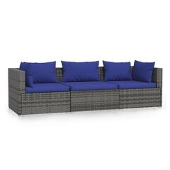 Trivietė sofa su pagalvėlėmis, pilkos spalvos, poliratanas цена и информация | Садовые стулья, кресла, пуфы | pigu.lt