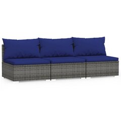 vidaXL Trivietė sofa su pagalvėlėmis, pilkos spalvos, poliratanas kaina ir informacija | Lauko kėdės, foteliai, pufai | pigu.lt