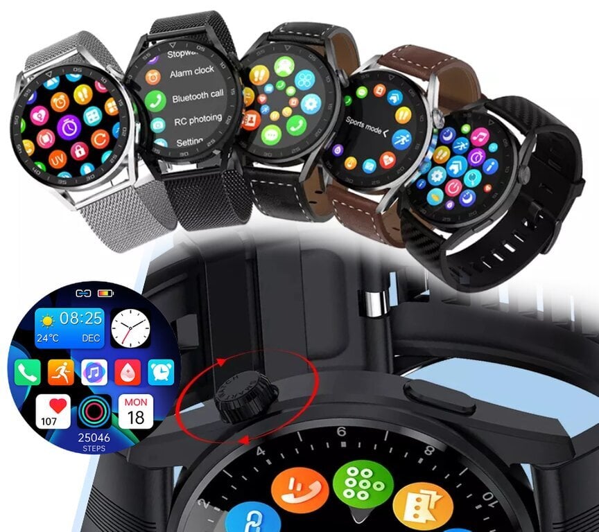 Rubicon RNCE78 Silver/Black Leather + Grey kaina ir informacija | Išmanieji laikrodžiai (smartwatch) | pigu.lt