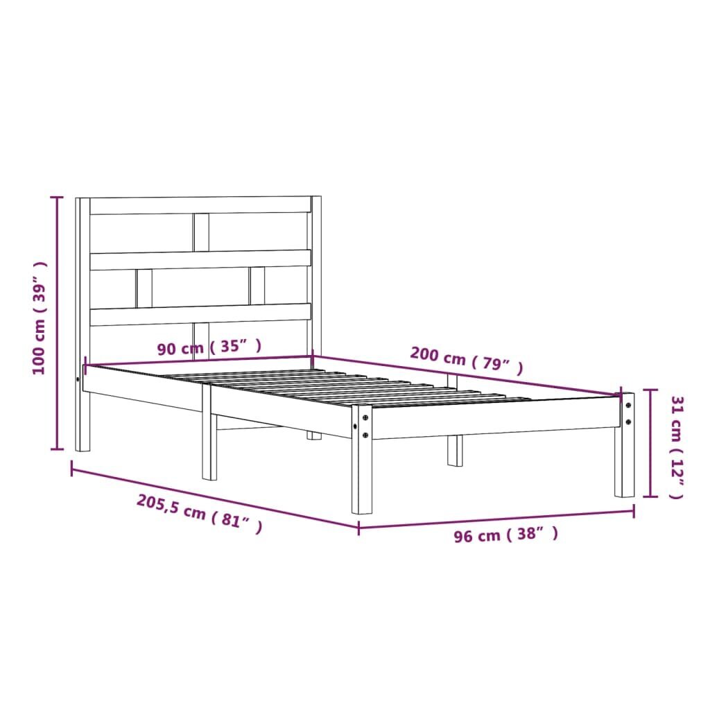 Lovos rėmas vidaXL, pilkos spalvos, 90x200cm, pušies medienos masyvas kaina ir informacija | Lovos | pigu.lt