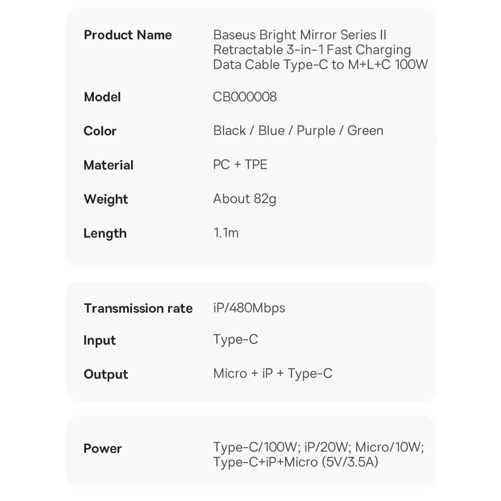 Baseus Bright Mirror 2 3in1 USB Type C - micro USB + Lightning + USB Type C 3.5A 1.1m blue (CAMJ010203) kaina ir informacija | Laidai telefonams | pigu.lt
