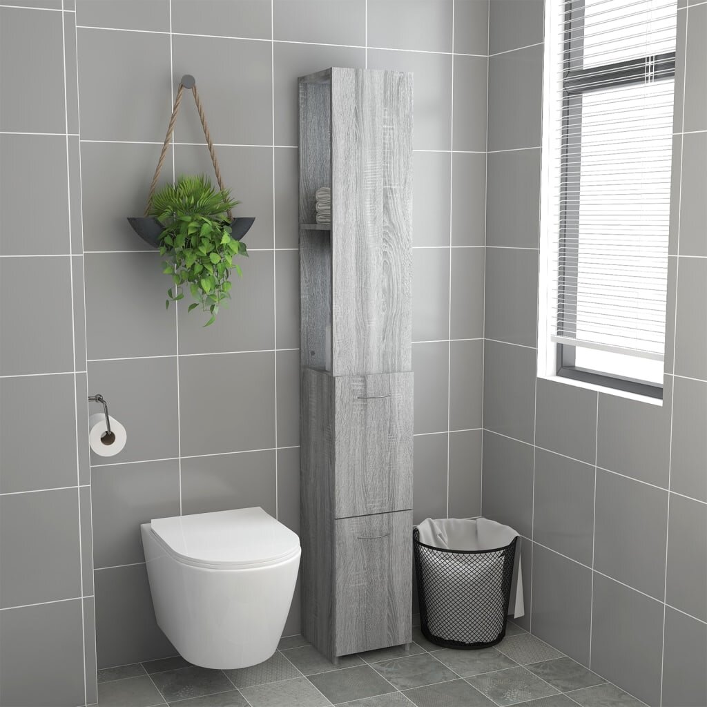 vidaXL Vonios spintelė, pilka ąžuolo, 25x25x170cm, apdirbta mediena kaina ir informacija | Vonios spintelės | pigu.lt