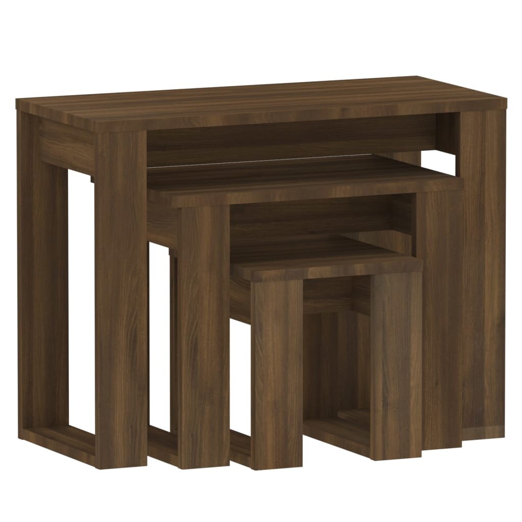 vidaXL Sustumiami staliukai, 3vnt., rudi ąžuolo, apdirbta mediena kaina ir informacija | Kavos staliukai | pigu.lt
