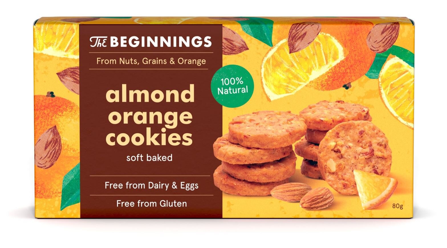Veganiški migdoliniai sausainiai The Beginnings su apelsinais, 80 g. kaina ir informacija | Saldumynai | pigu.lt