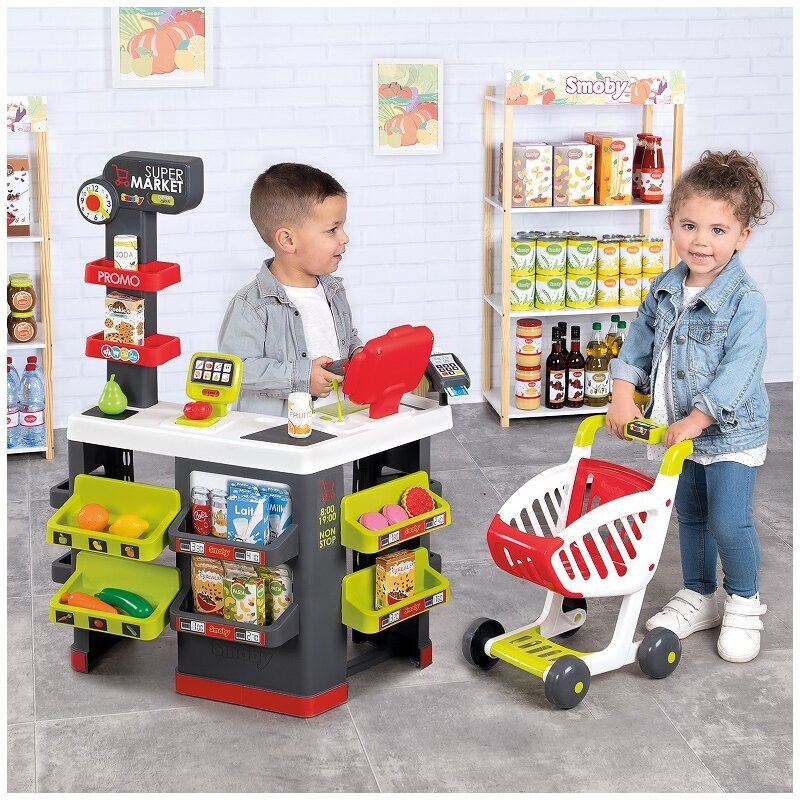 Žaislinis prekybos centras Smoby su vežimėliu ir kasos aparatu, 42 priedai kaina ir informacija | Žaislai mergaitėms | pigu.lt